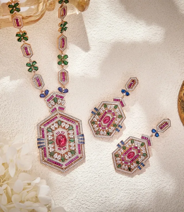 Pink Green Hexagonal Pendant Multi-Gem Floral Motifs Necklace 3
