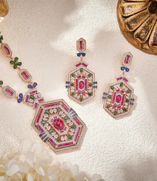 Pink Green Hexagonal Pendant Multi-Gem Floral Motifs Necklace 6