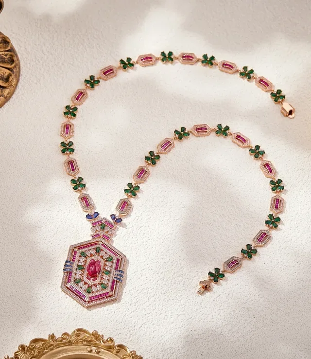 Pink Green Hexagonal Pendant Multi-Gem Floral Motifs Necklace 7