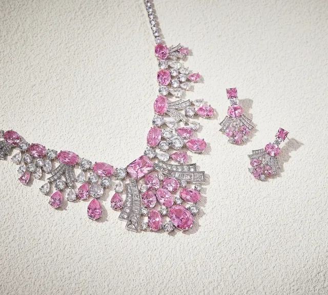 Pink Sapphire and Diamond V-Shaped Bib Necklace 3