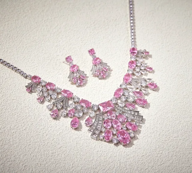 Pink Sapphire and Diamond V-Shaped Bib Necklace 4