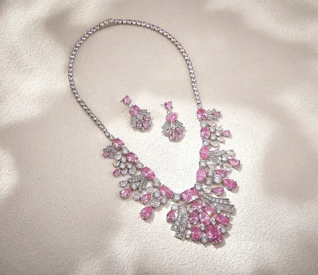 Pink Sapphire and Diamond V-Shaped Bib Necklace 6