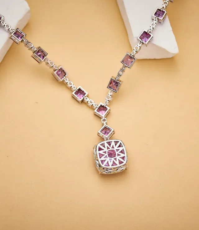 Purple Green Square-Cut Gemstones Pavé-Set Clear Stones Necklace 2