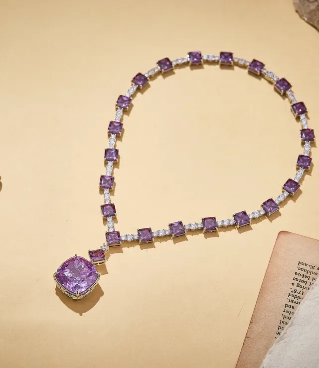Purple Green Square-Cut Gemstones Pavé-Set Clear Stones Necklace 6
