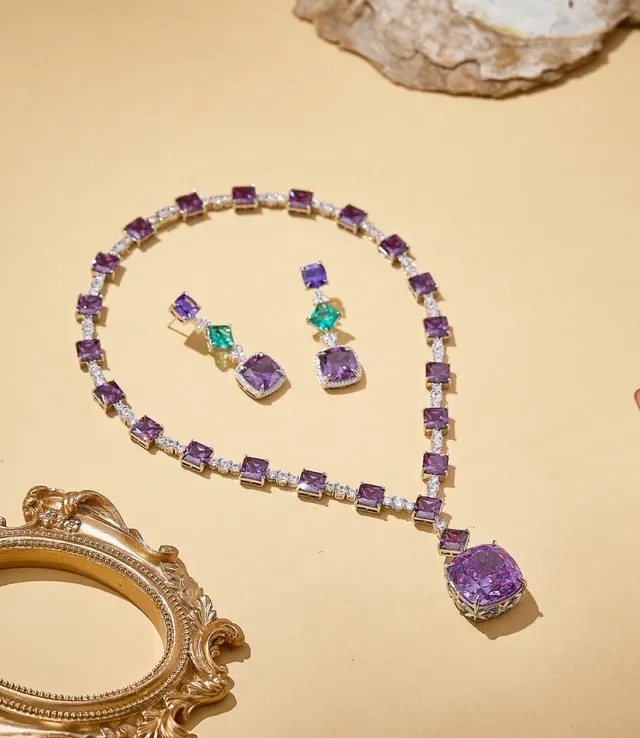 Purple Green Square-Cut Gemstones Pavé-Set Clear Stones Necklace 7