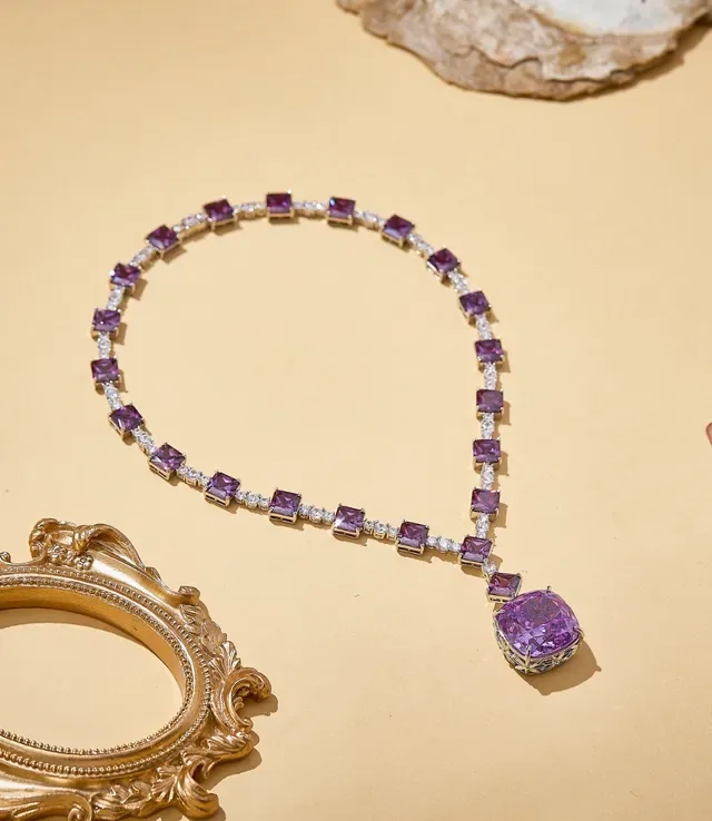 Purple Green Square-Cut Gemstones Pavé-Set Clear Stones Necklace 8