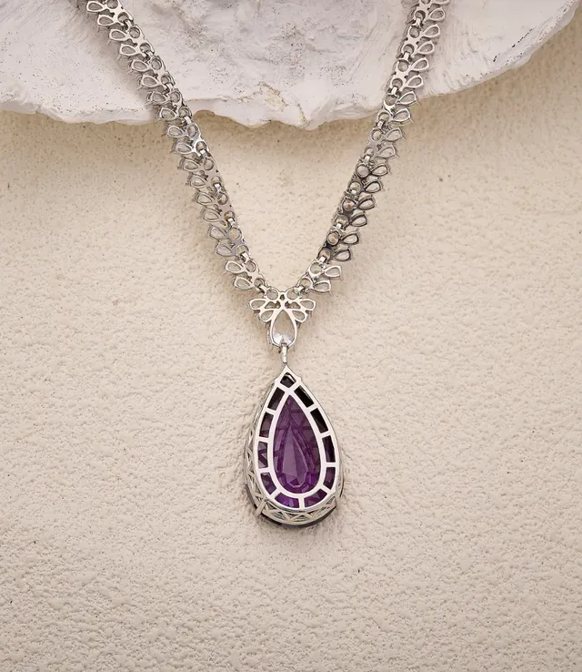 Purple Silver Teardrop-Cut Pendant Pavé-Set Double-Row Chain Necklace 2
