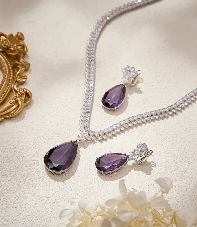 Purple Silver Teardrop-Cut Pendant Pavé-Set Double-Row Chain Necklace 3