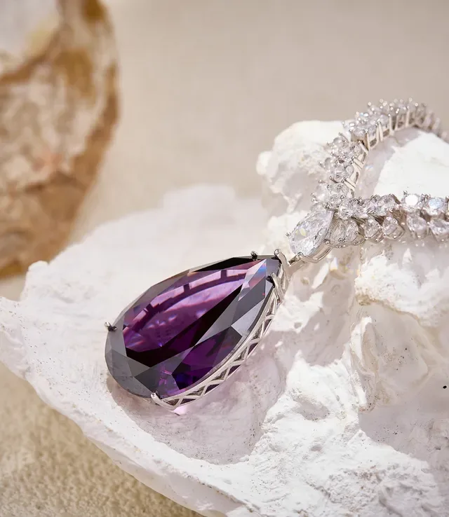 Purple Silver Teardrop-Cut Pendant Pavé-Set Double-Row Chain Necklace 4