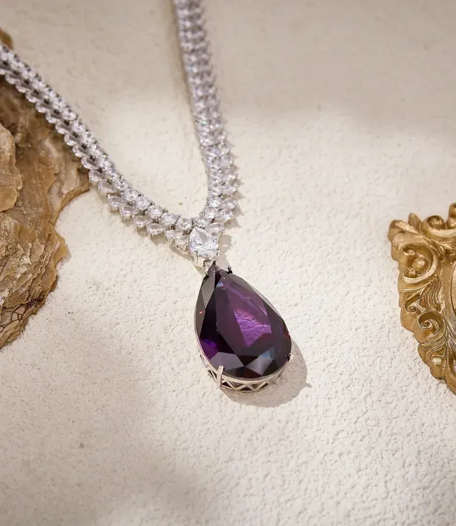 Purple Silver Teardrop-Cut Pendant Pavé-Set Double-Row Chain Necklace 5