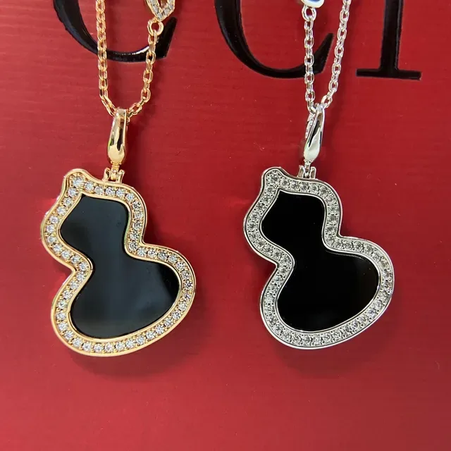 Qeelin Wulu Black Enamel Pavé Stone Gourd Pendant Necklaces 2
