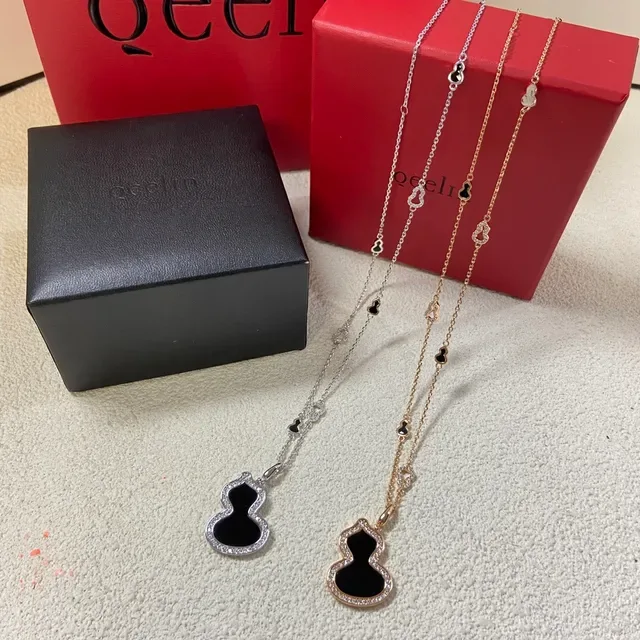 Qeelin Wulu Black Enamel Pavé Stone Gourd Pendant Necklaces 3