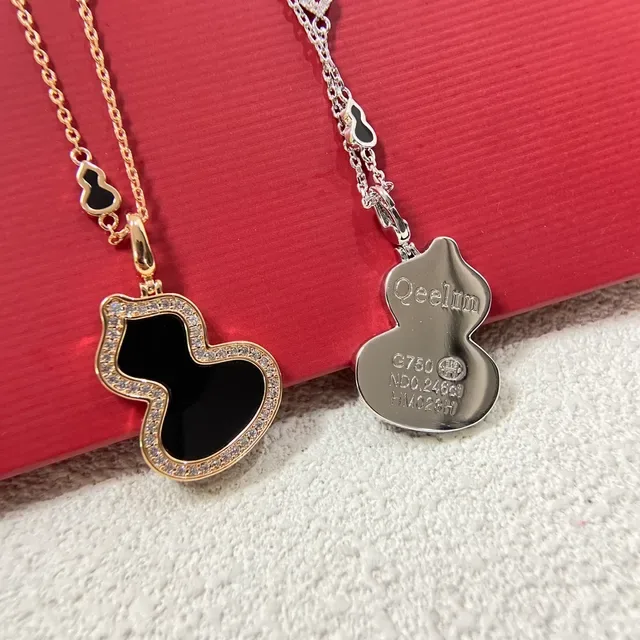 Qeelin Wulu Black Enamel Pavé Stone Gourd Pendant Necklaces 5