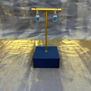 Rectangular Blue Gemstone Pavé Halo Drop Earrings