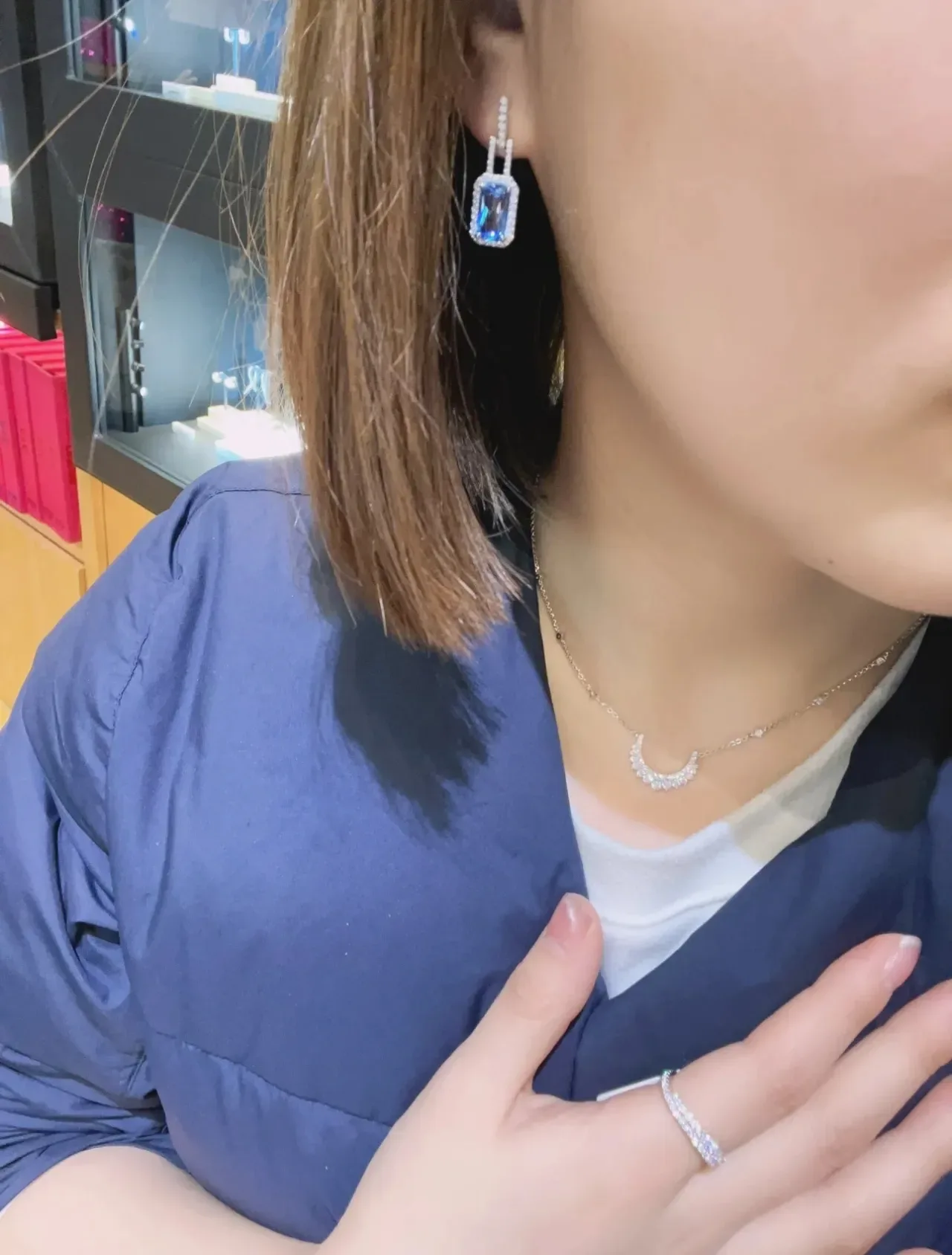 Rectangular Blue Gemstone Pavé Halo Drop Earrings 2