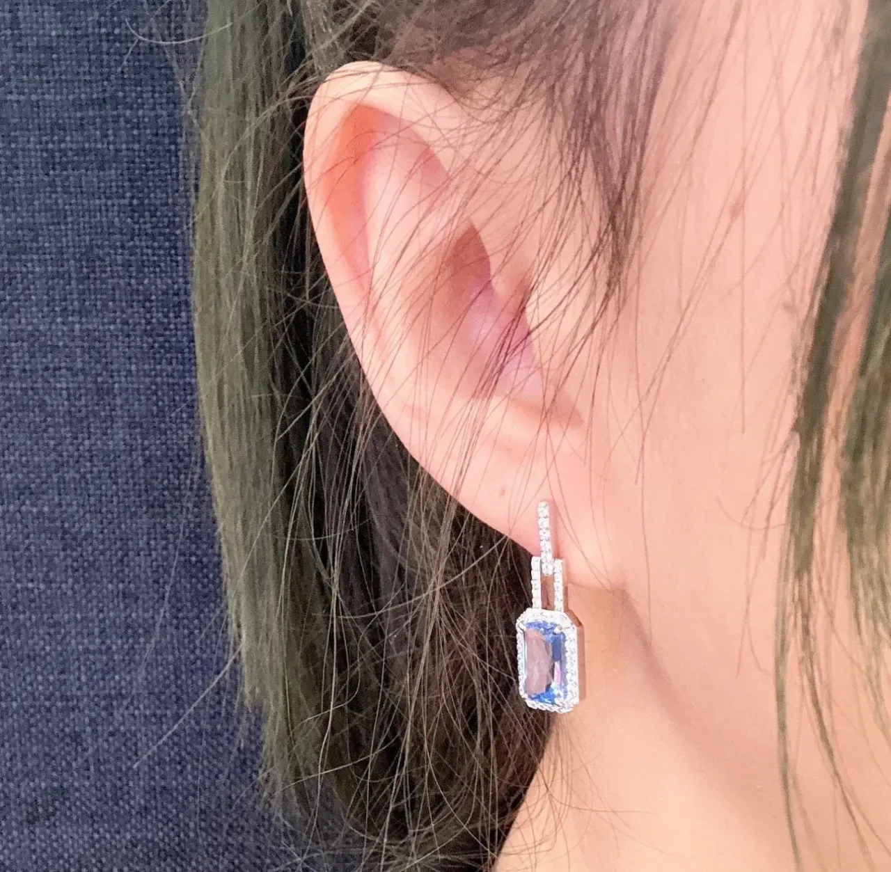 Rectangular Blue Gemstone Pavé Halo Drop Earrings 4