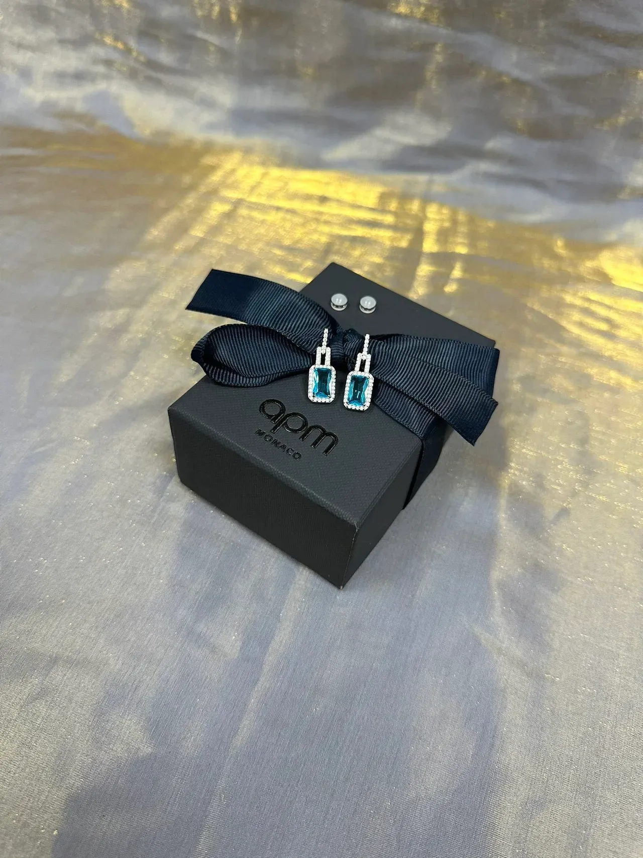 Rectangular Blue Gemstone Pavé Halo Drop Earrings 6