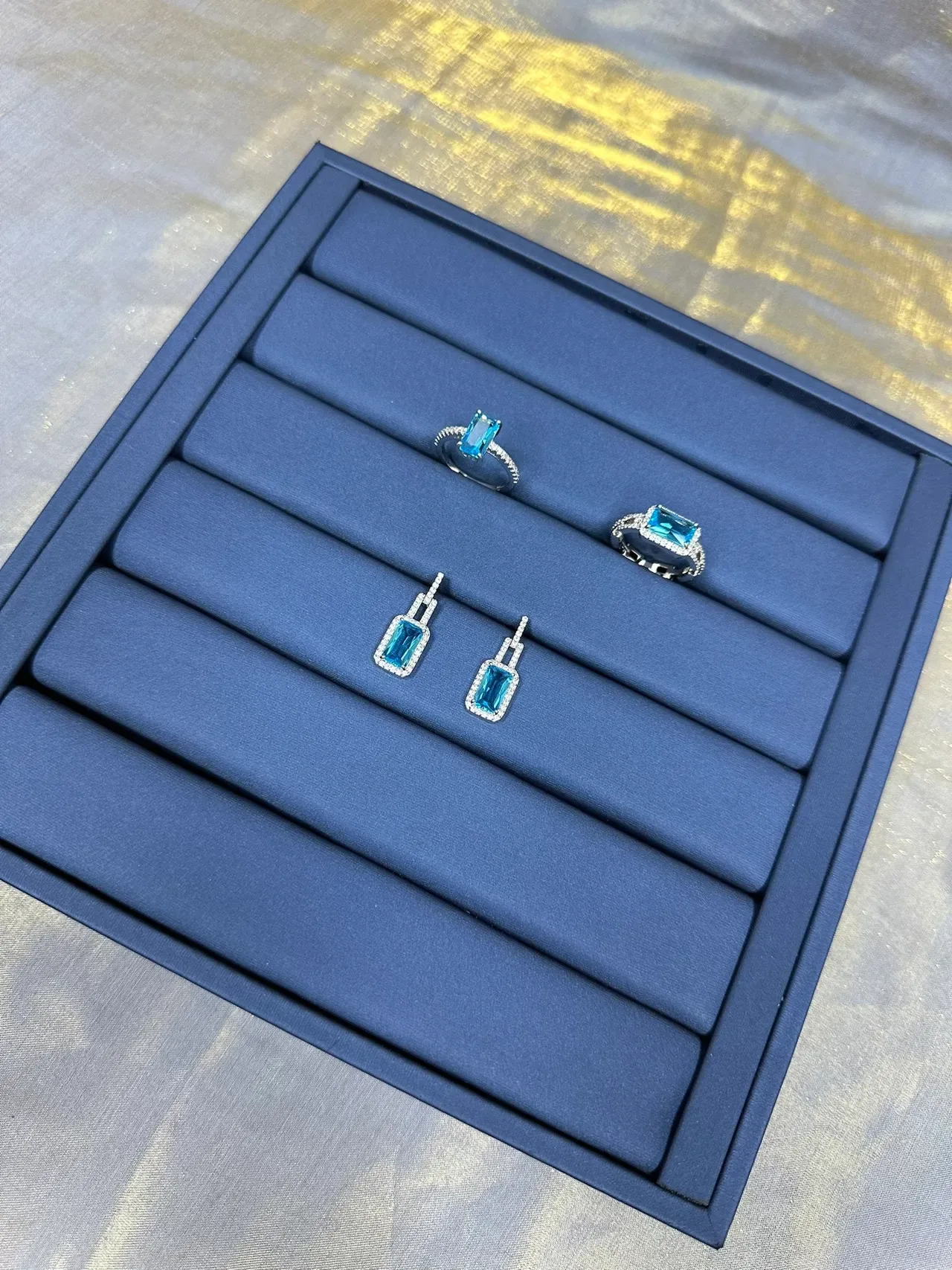 Rectangular Blue Gemstone Pavé Halo Drop Earrings 8