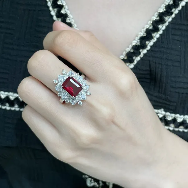 Red Emerald-Cut Gemstone Halo Floral Ring 8