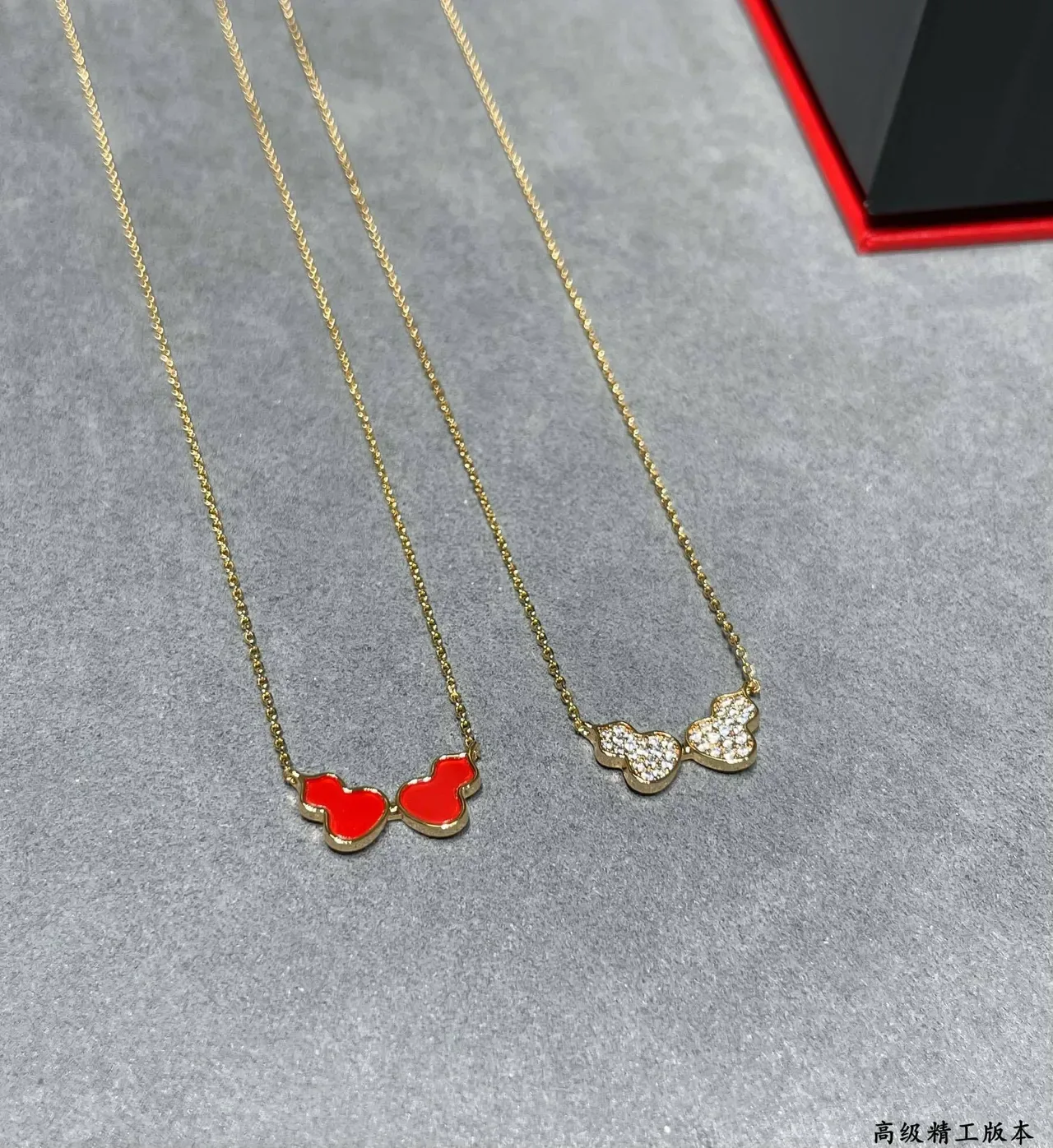Red Gold Chain Enamel Double-Heart Pendant Necklace 4