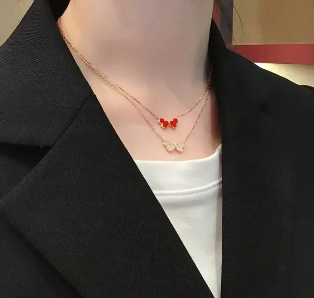 Red Gold Chain Enamel Double-Heart Pendant Necklace 9
