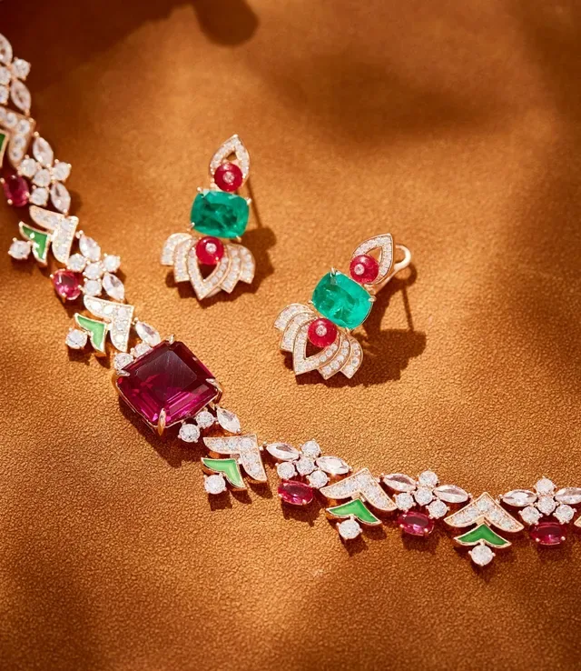 Red Green Floral Motif Enamel Accents Necklace 3