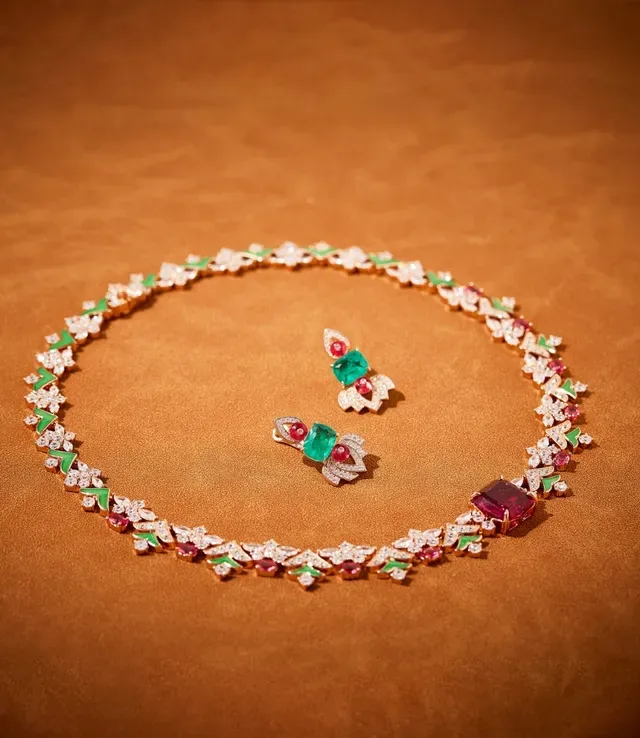 Red Green Floral Motif Enamel Accents Necklace 6