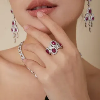 Red Silver Multi-Stone Cluster Pavé Diamond Halo Ring