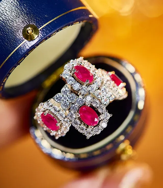 Red Silver Multi-Stone Cluster Pavé Diamond Halo Ring 8