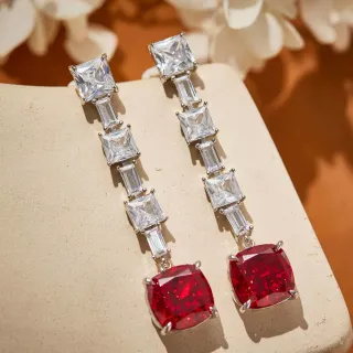 Red Silver Multi-Stone Linear Drop Cushion-Cut Dangle Earrings