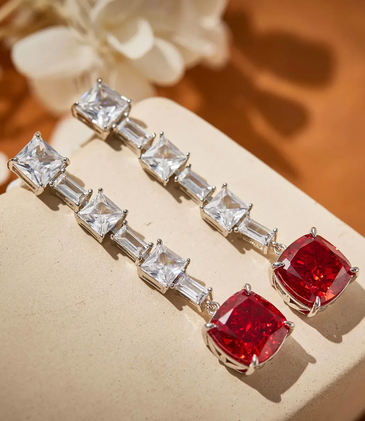 Red Silver Multi-Stone Linear Drop Cushion-Cut Dangle Earrings 3