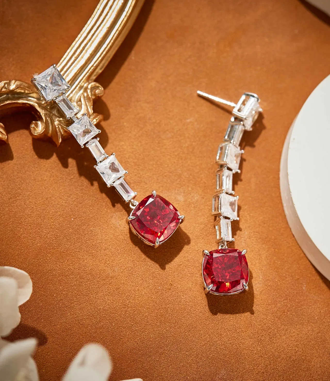 Red Silver Multi-Stone Linear Drop Cushion-Cut Dangle Earrings 4