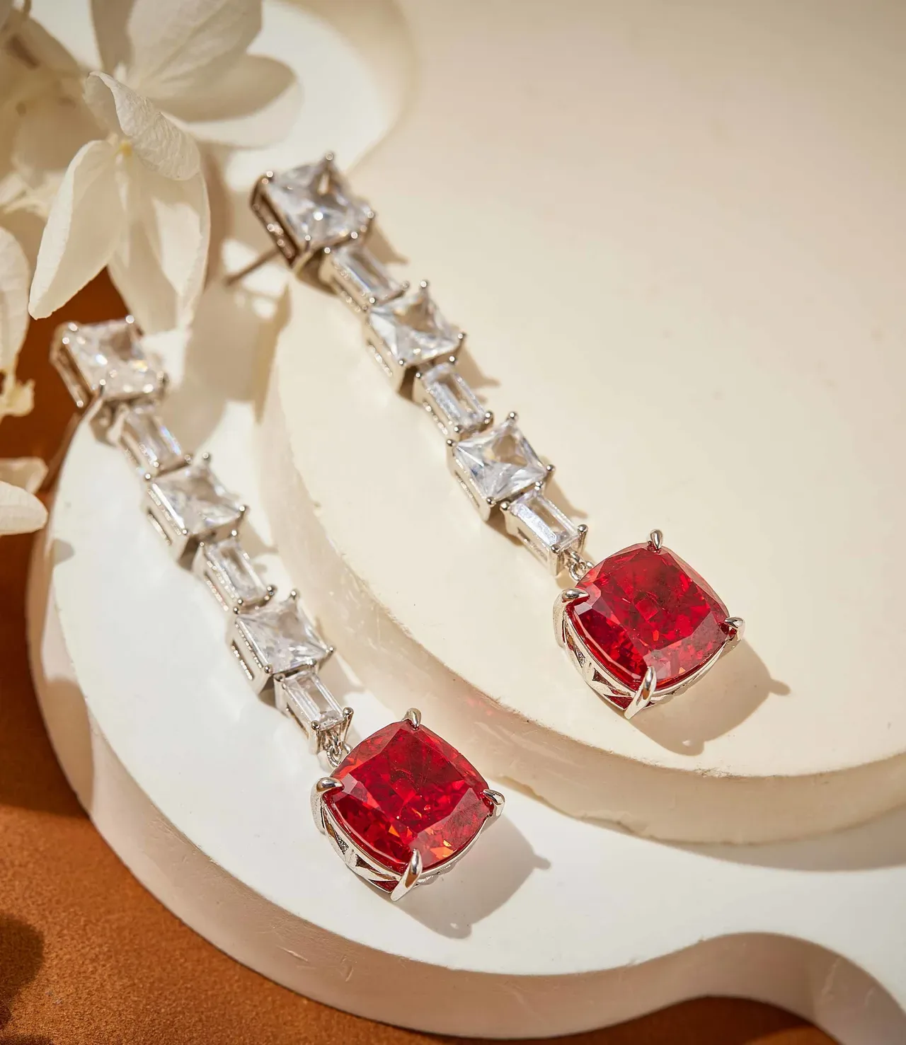 Red Silver Multi-Stone Linear Drop Cushion-Cut Dangle Earrings 6