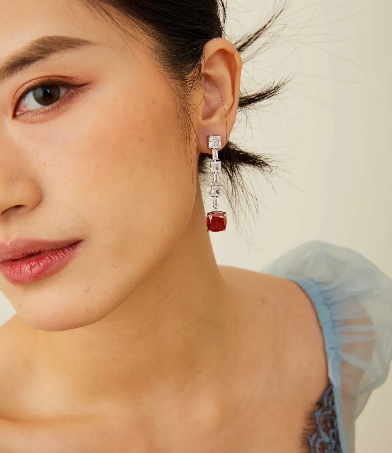 Red Silver Multi-Stone Linear Drop Cushion-Cut Dangle Earrings 8