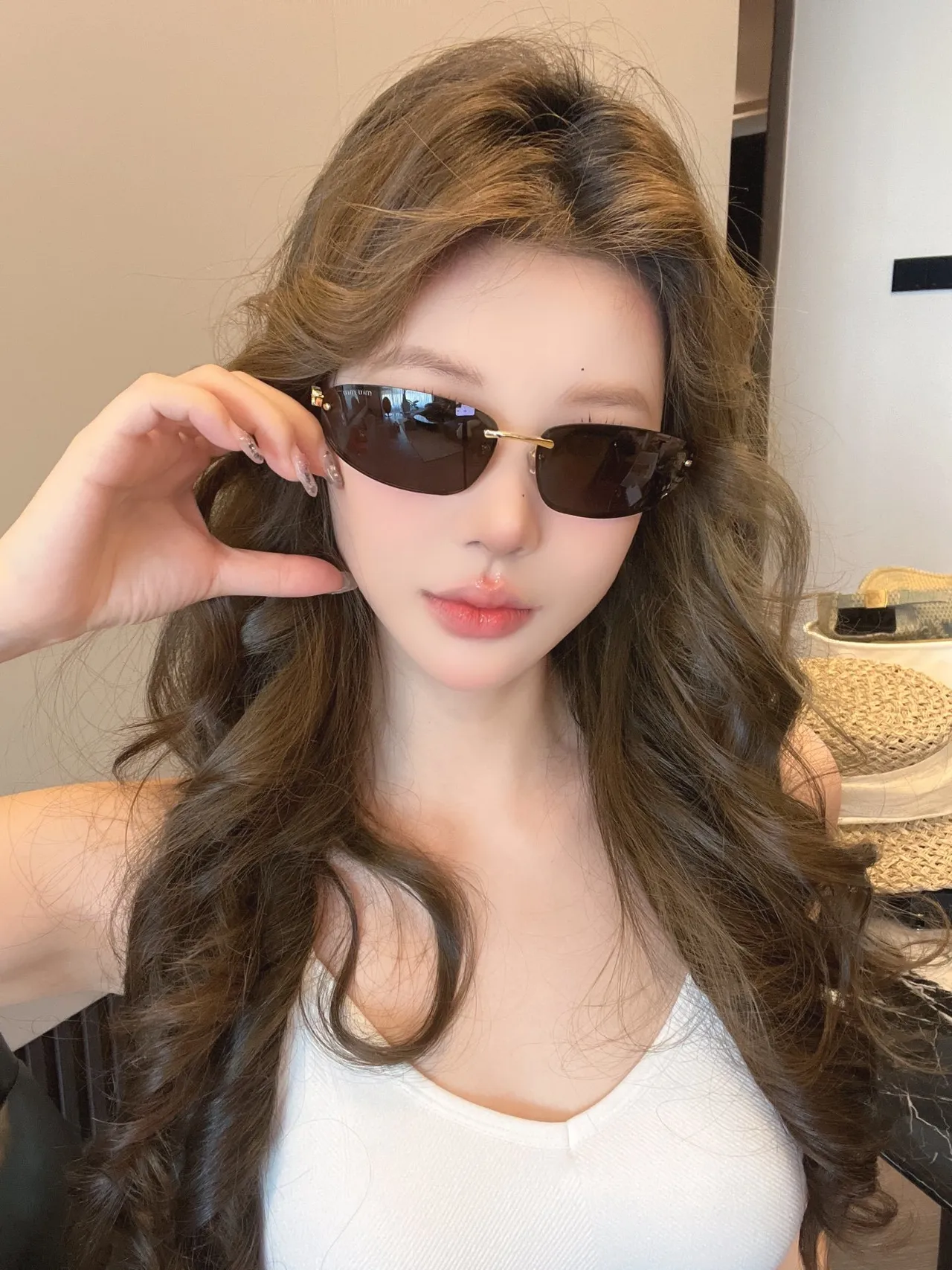 Rimless Semi-Cat-Eye Gold-Tone Dark Gradient Sunglasses 6