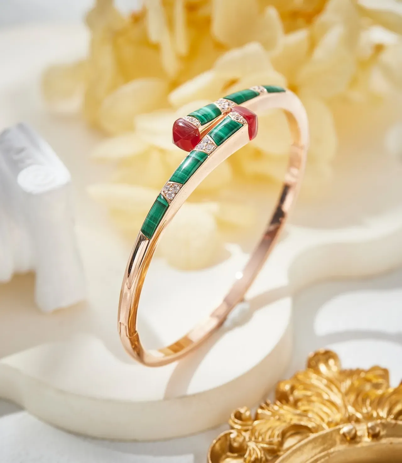 Rose Gold Gemstone Inlay Hinged Cuff Bracelet 3