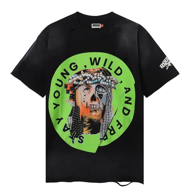 ROUGH Graphic Print Distressed Oversized Black T-Shirt 4