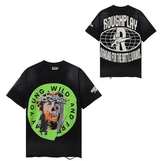 ROUGH Graphic Print Distressed Oversized Black T-Shirt 10