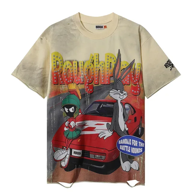 ROUGH Oversized Distressed Cartoon Graphic T-Shirt 4
