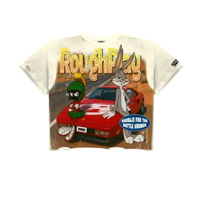 ROUGH Oversized Distressed Cartoon Graphic T-Shirt 7