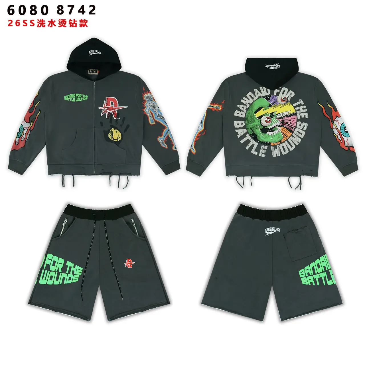 ROUGHPLAY Gray Black Graphic-Print Distressed Hem Hoodie 3