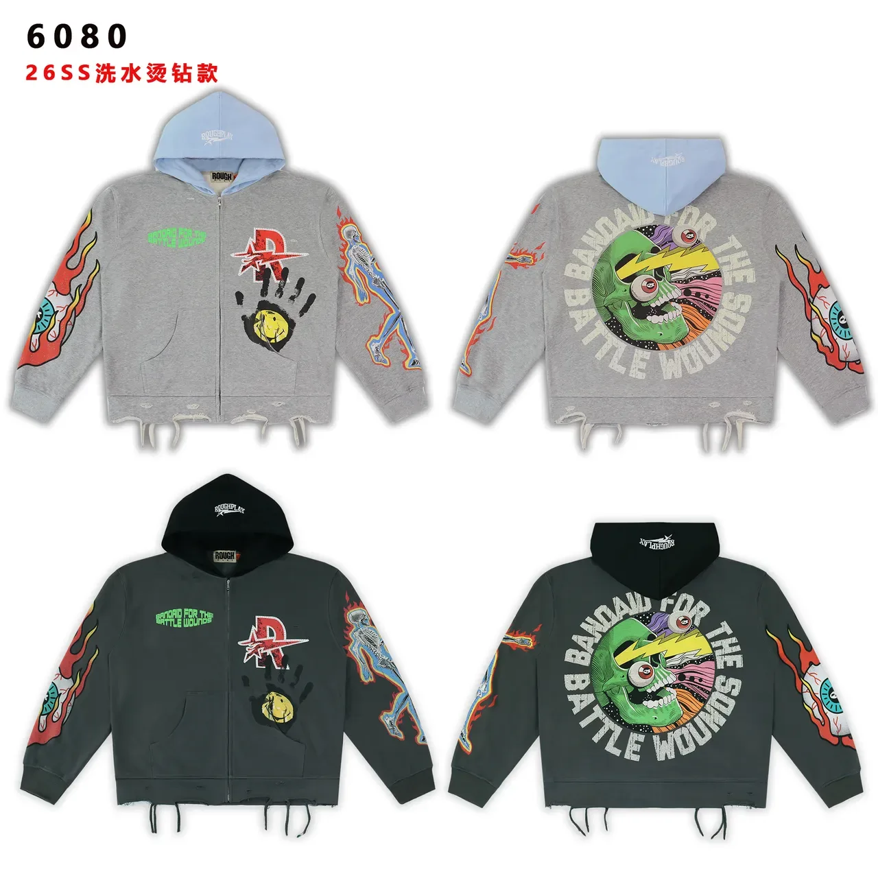 ROUGHPLAY Gray Black Graphic-Print Distressed Hem Hoodie 4