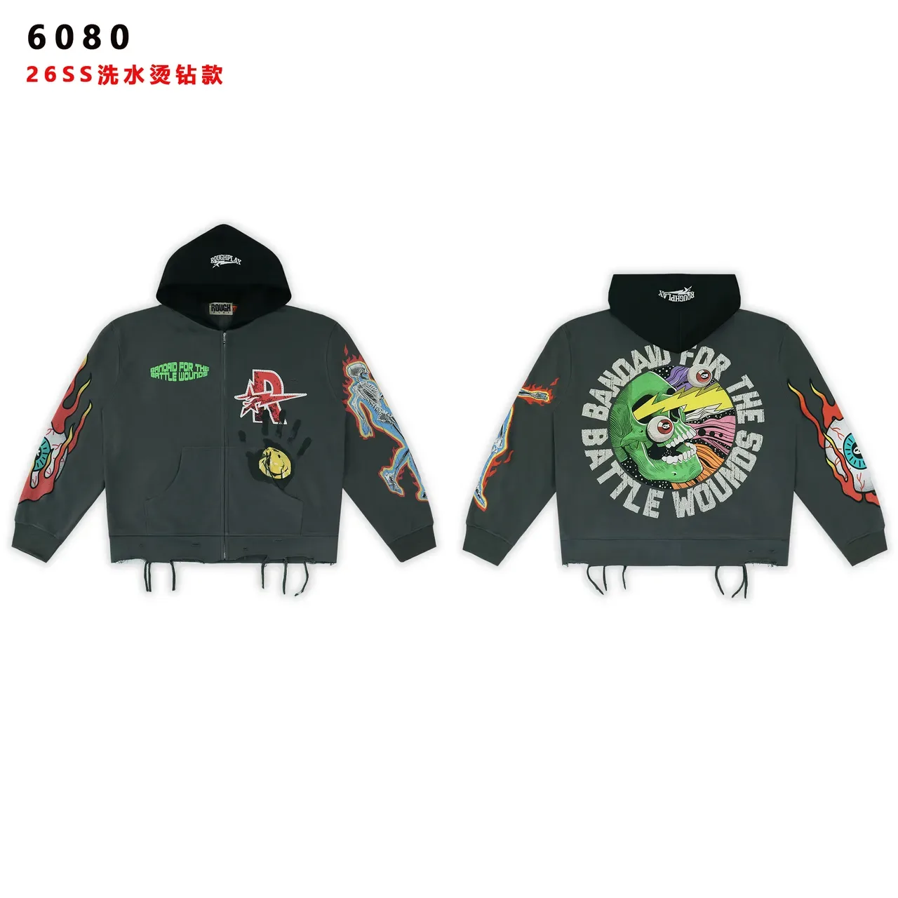 ROUGHPLAY Gray Black Graphic-Print Distressed Hem Hoodie 5