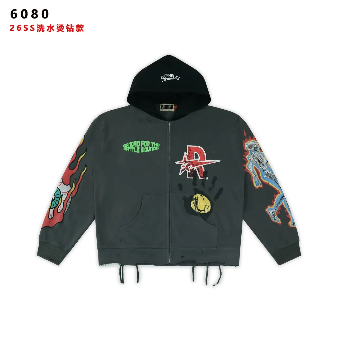 ROUGHPLAY Gray Black Graphic-Print Distressed Hem Hoodie 8