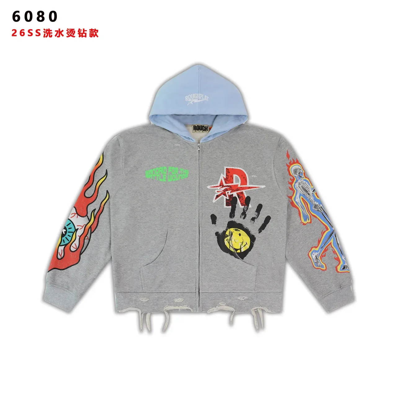 ROUGHPLAY Gray Black Graphic-Print Distressed Hem Hoodie 10