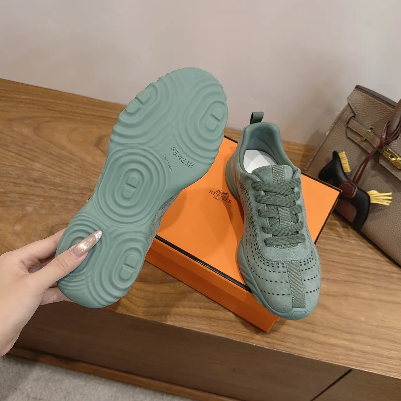 Sage Green Perforated Suede Lace-Up Sneakers 3