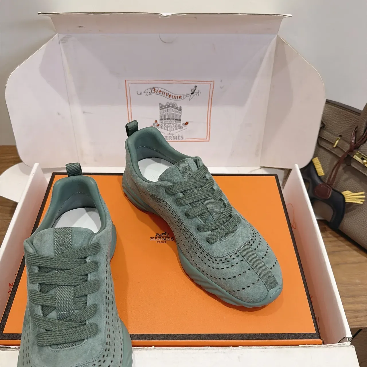 Sage Green Perforated Suede Lace-Up Sneakers 5