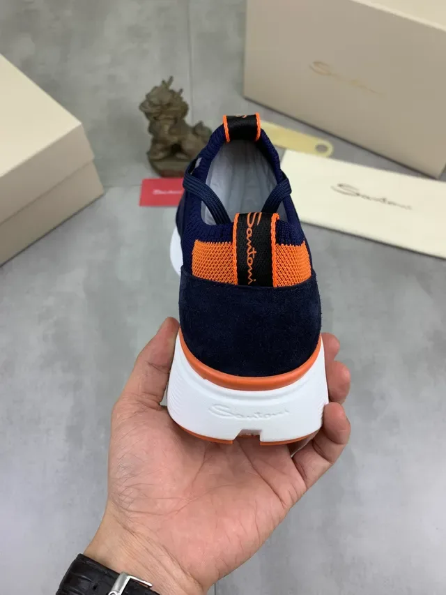 Santoni Navy Orange Knit Upper Lace-Up Sneakers 3