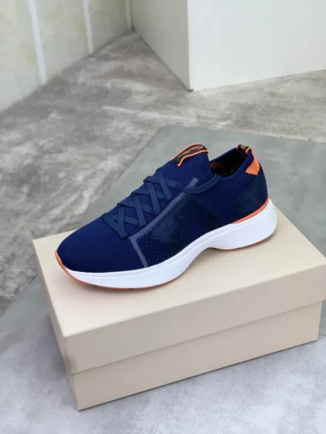 Santoni Navy Orange Knit Upper Lace-Up Sneakers 4