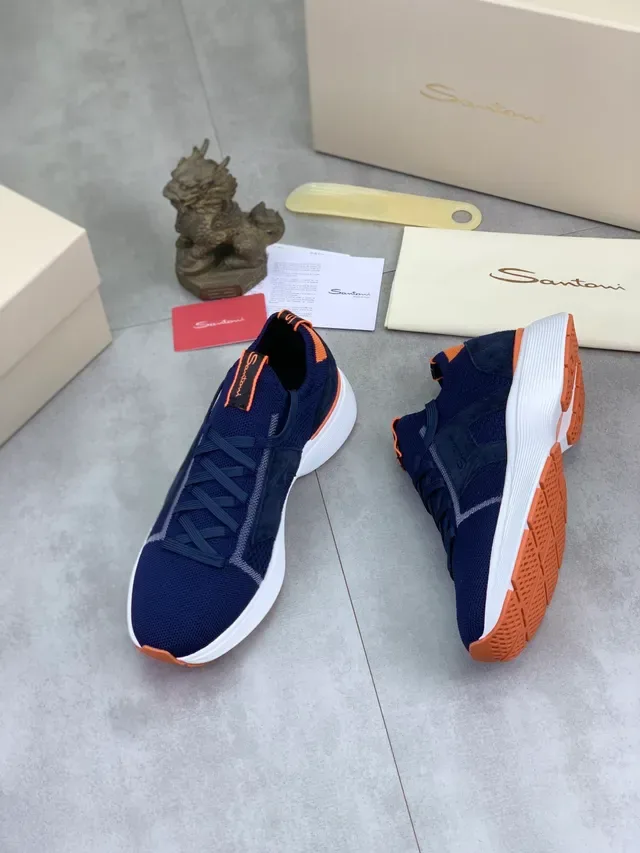 Santoni Navy Orange Knit Upper Lace-Up Sneakers 5